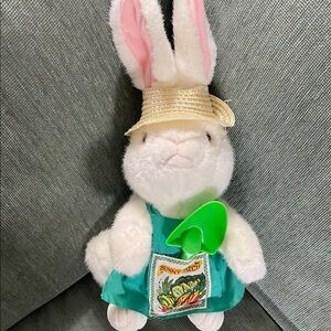 White Plush Bunny with Green Apron and Straw Hat